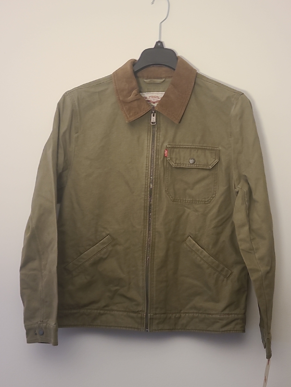 Levi's Olive Green Canvas Jacket with Brown Corduroy Collar Mens Size Medium